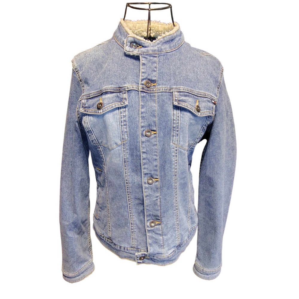 Tommy Jeans Womens Sherpa Trim Denim Jacket Medium Wash Blue Trucker Large